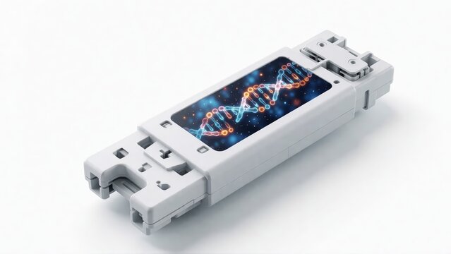 Futuristic DNA sequencing device with digital genetic helix display on white background