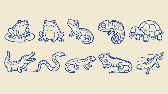 Vintage reptile and amphibian line art icons. Collection of 10 hand-drawn animal vectors. Retro blue outline wildlife illustrations.