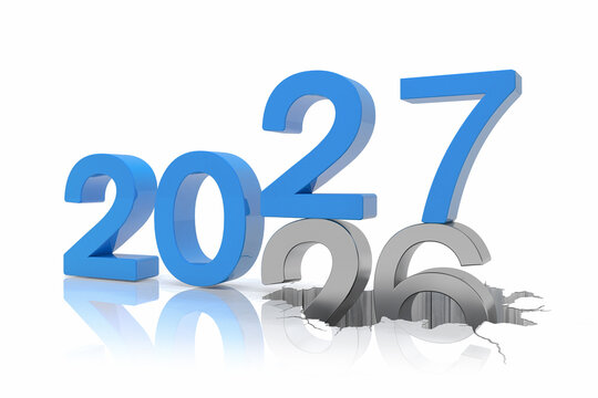3d render of the numbers 2027 and 26 and 25 in blue and silver over white reflecting background. The number 27 falls on the number 26 and breaks in it in the ground - vacation concept.
