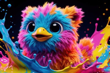 Naklejka premium Cute fluffy bird character with big eyes and colorful fur emerges from vibrant paint splashes. This whimsical creature sparks joy and creativity on a dark background, perfect for playful designs.