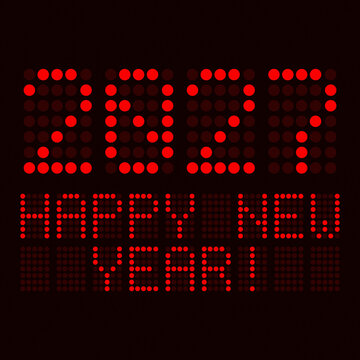 Illustration of a digital display showing the date of the new year 2027 and the greeting Happy New Year in red dark black background.