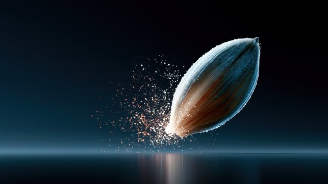A single seed with a glowing aura breaking apart, suggesting growth and new beginnings. The background is a dark, atmospheric blue, with reflections on the surface below