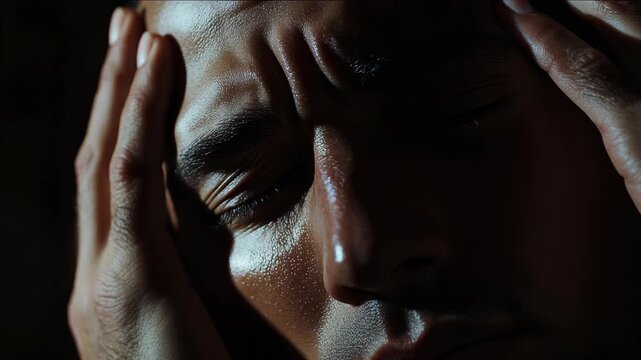 Portrait of a man with a contemplative expression. He is covering his ears and eyes, possibly indicating stress, confusion, or an attempt to block out distractions.
