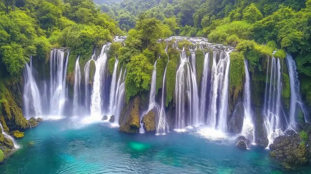 A stunning view of a majestic waterfall cascading into clear blue waters, surrounded by lush greenery. This captures the tranquility and grandeur of nature.