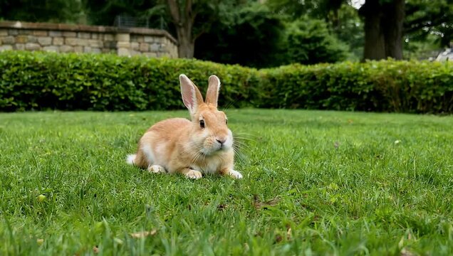 Charming 4K nature video featuring a small wild cottontail rabbit remaining completely motionless on a bright green lawn surrounded by lush manicured shrubs in a quiet undisturbed suburban backyard
