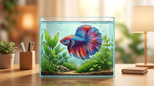 Vibrant blue and red siamese fighting fish in a desktop fish tank