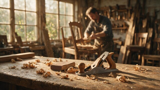 A vintage hand plane rests on a rustic workbench inside a bright sunlit woodworking shop