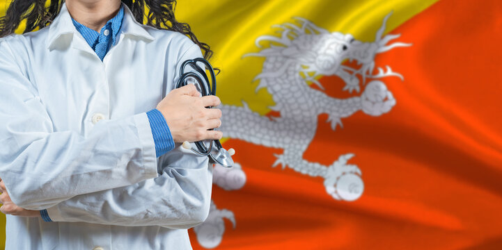 Healthcare professional with Bhutan flag background. Professional doctor holding stethoscope on Bhutan flag background.
