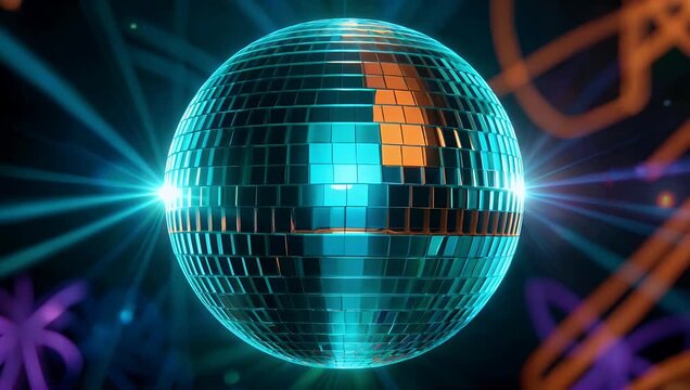 Energetic 4K slow-motion close-up focusing on a teal and orange-colored mirror disco ball with bright lens flares reflecting off its facets to create a vibrant retro party background