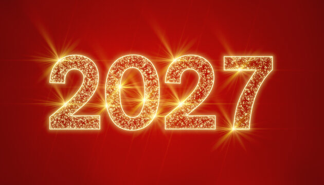 Illustration of abstract neon light with the numbers 2027 over red background - represents the new year - vacation concept.