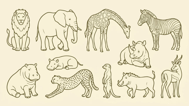 Vintage safari animal illustrations, hand drawn wild african animals set, 11 line art zoo animal vectors for educational posters