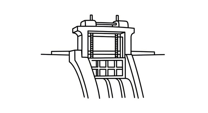 Industrial dam structure with gates.