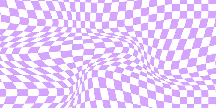 Distorted chessboard background in 2yk style. Visual chequered illusion. Dizzy psychedelic pattern with warped purple and white squares. Trippy checkerboard surface. Vector flat illustration