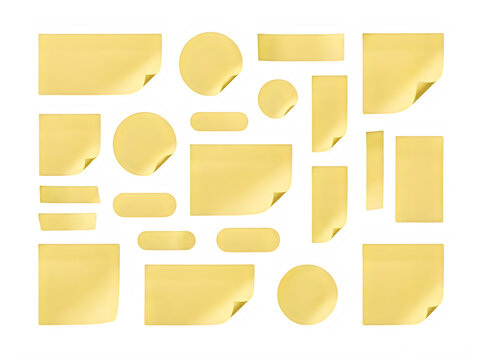 Set of yellow adhesive sticky notes with curled corners in various shapes including square circle and rectangle isolated on a white background for office notes