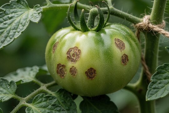 Green tomato fruit grows on vine, showing spots of insect damage. Unripe vegetable has brown circular lesions indicating pest infestation in garden. Healthy plant leaf nearby. Macro detail.