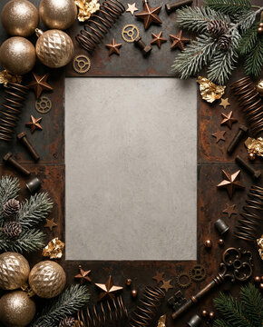 Christmas greeting card frame with golden baubles, pine branches and mechanical gears on metal background. Steampunk holiday festive border with copy space for winter season design.