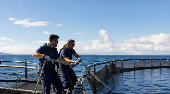 Workers Hauling Rope at Offshore Fish Farm Net Pen