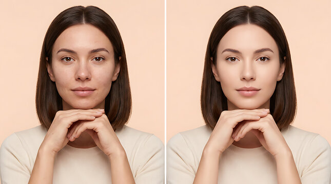 Side-by-side portrait comparison highlighting skin enhancement and subtle makeup transformation of a young woman with brunette