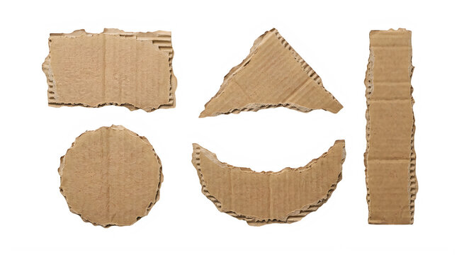 Set of various geometric shapes cut out from brown recycled cardboard paper isolated on a white background