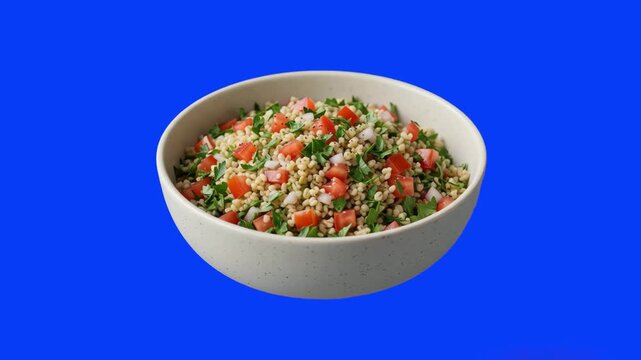 A fresh Middle Eastern tabbouleh salad packed with finely chopped parsley, mint, diced tomatoes, onions, and bulgur grain served in a large white bowl. Isolated against a clean blue screen background.