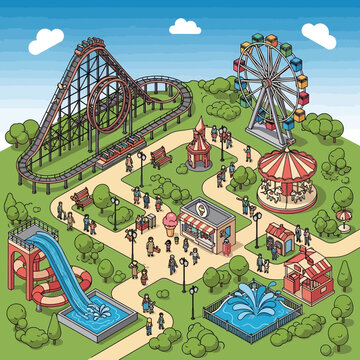 Amusement Park Isometric Scene with Rides, People, and Attractions