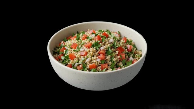 A bowl of fresh tabbouleh salad packed with chopped parsley, tomatoes, and bulgur isolated against a solid dark black background. Great for restaurant advertising, high-contrast food presentation, and