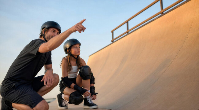 Skateboard Coach Teaching Girl at Skate Park Ramp