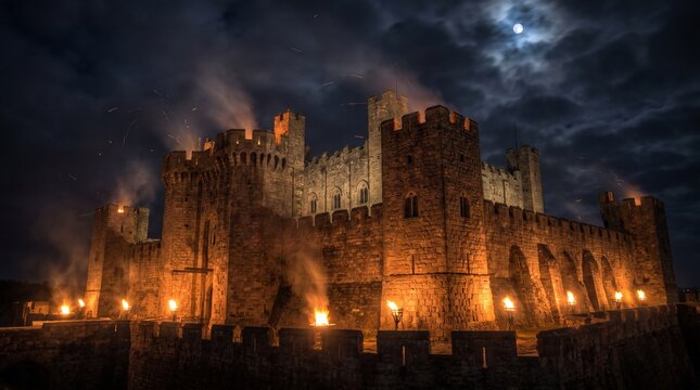 Ancient stone castle fortress glows with bright flaming torches under a dark cloudy night sky filled with a glowing moon