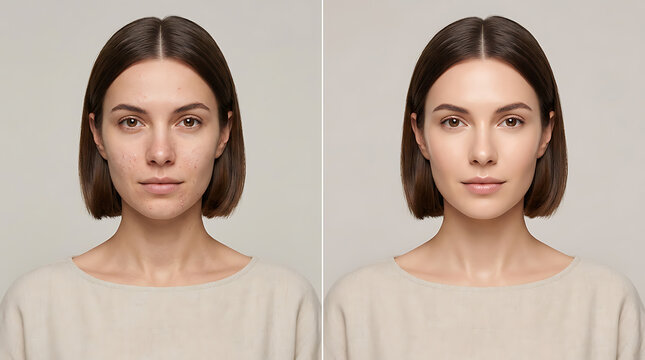 Side-by-side comparison of a woman's facial transformation showcasing natural skin and enhanced features for beauty enhancement