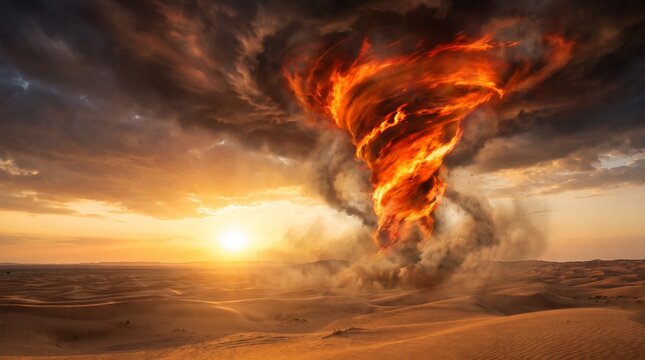 Powerful fiery tornado swirling across vast desert landscape under dramatic sunset sky with dark clouds and bright golden sunlight beams