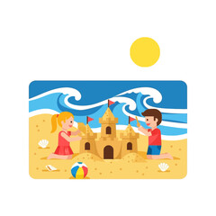 Naklejka premium Children Building Sandcastle on Beach with Ocean Waves and Sun