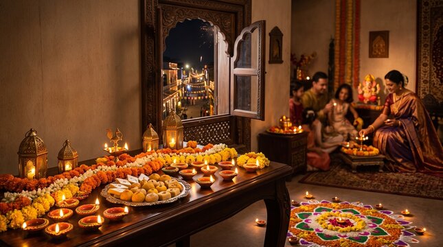 An Indian family celebrates Diwali at home with oil lamps, vibrant rangoli, traditional sweets, marigold garlands, and fireworks visible through the window