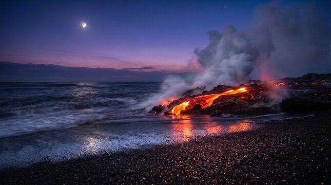 Bright orange molten lava flowing into the cold dark ocean water during a peaceful night under a beautiful crescent moon
