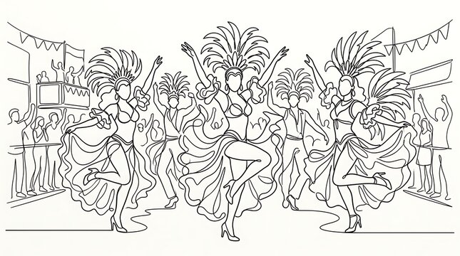 Carnival dancers celebrating with feathered costumes in line art