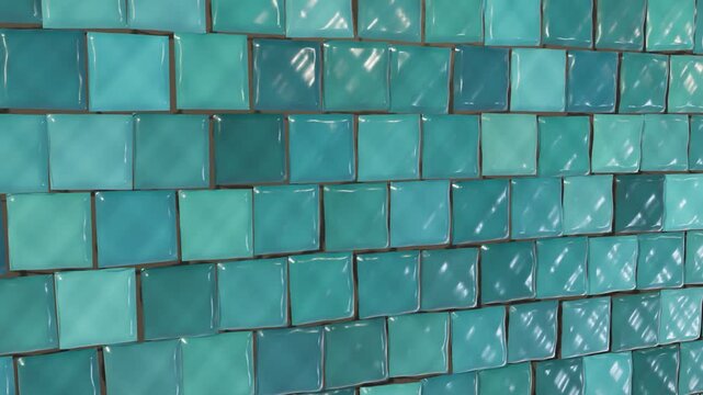 Handmade Moroccan zellige tile wall, seamless loop with light moving across glossy turquoise glaze