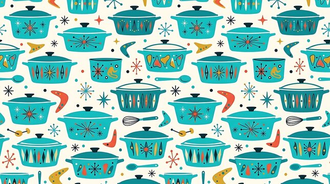 Mid century modern kitchenware seamless pattern with turquoise pots