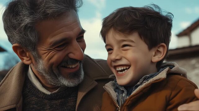 Smiling adult male with beard hugging happy young boy with curly hair.
