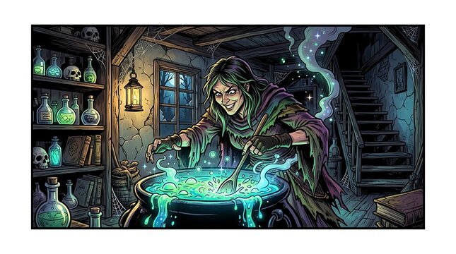 Wicked witch brewing a glowing magic potion in a dark spooky workshop