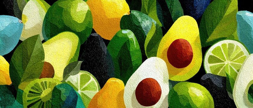 Textured abstract art with colorful avocados, lemons, and lime slices. Great for food blogs, healthy recipes, or vibrant culinary backgrounds.