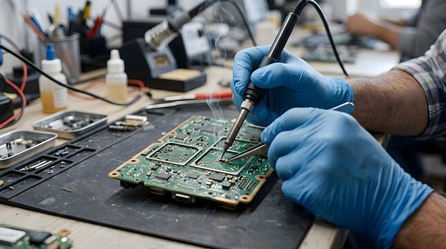 Electronics Technician Soldering Component on Motherboard in Workshop