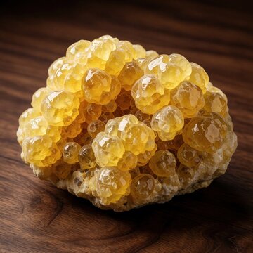 Lizardite mineral cluster with yellow translucent druzy surface sits on dark wood table. Macro view of rough geode structure, natural raw earth element. Beautiful mineralogy or geology background.