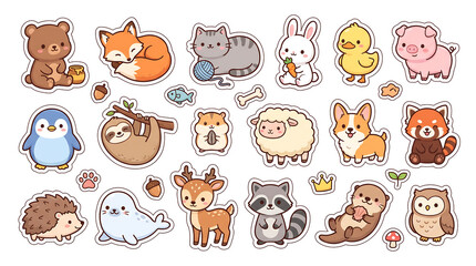 Obraz premium Collection of cute animals birds and insects stickers for kids education back to school and nature outdoors