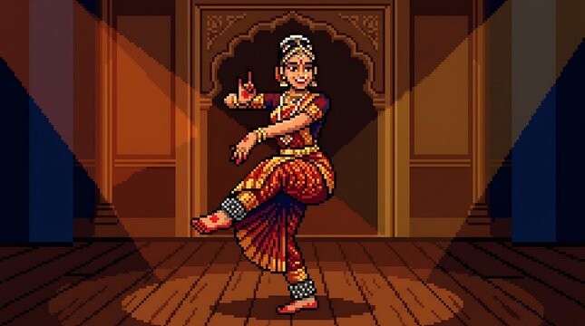 Traditional indian dancer performing in spotlight pixel art