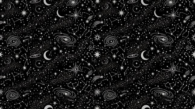 Seamless celestial pattern with stars galaxies and crescent moons