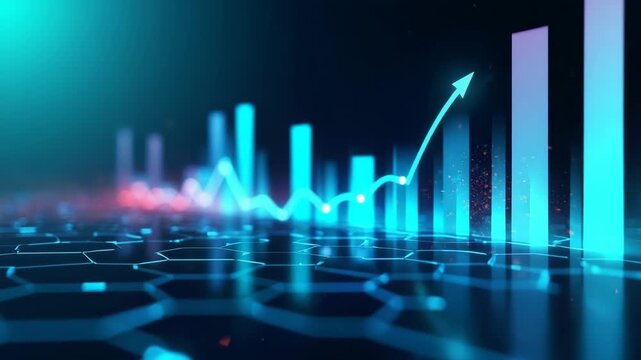 Data visualization animating on dashboard, showing rising bars flowing line graph hex grid overlay.