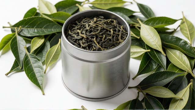 Dried green tea leaves in a metal tin container surrounded by fresh tea leaves on white