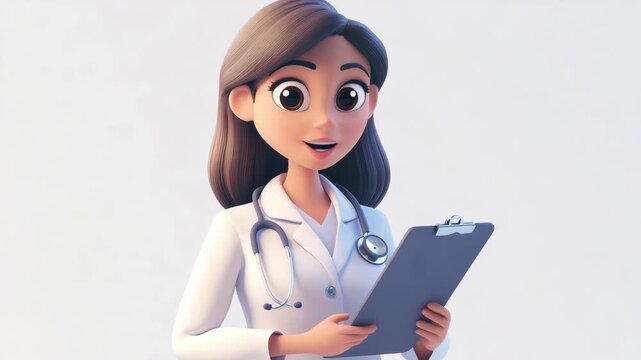 3D rendering of an animated female doctor holding a checklist while smiling.