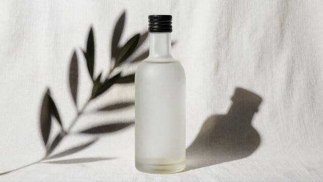 Frosted glass bottle with olive branch shadow on textured white background for branding.