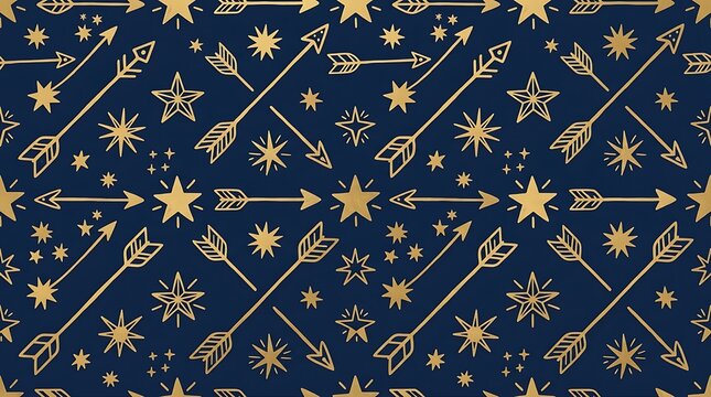 Gold arrows and stars celestial pattern on dark blue background