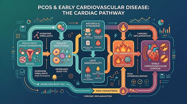 Medical infographic mapping pcos and early cardiovascular disease link